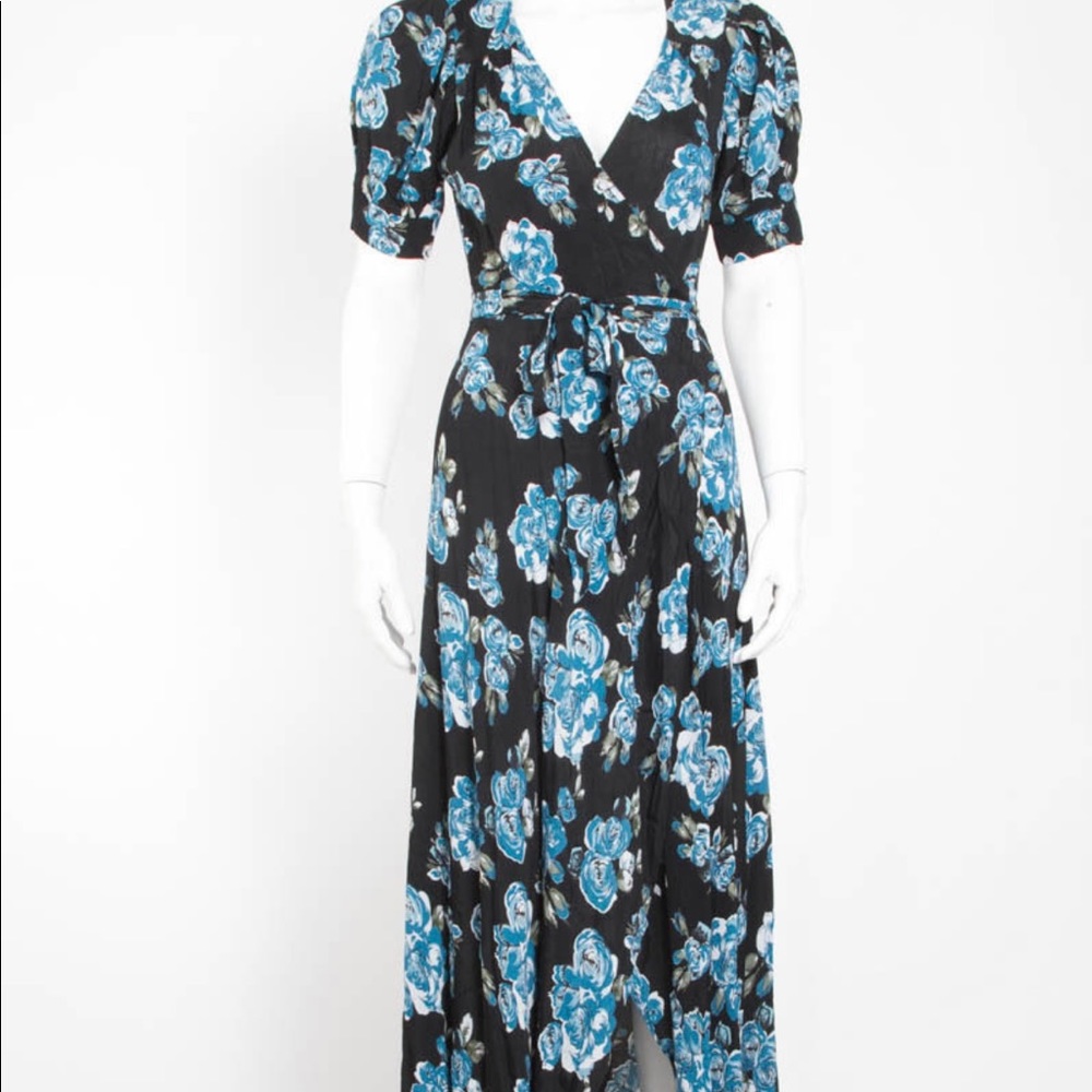 Reformation Black Blue Floral Print Wrap Dress